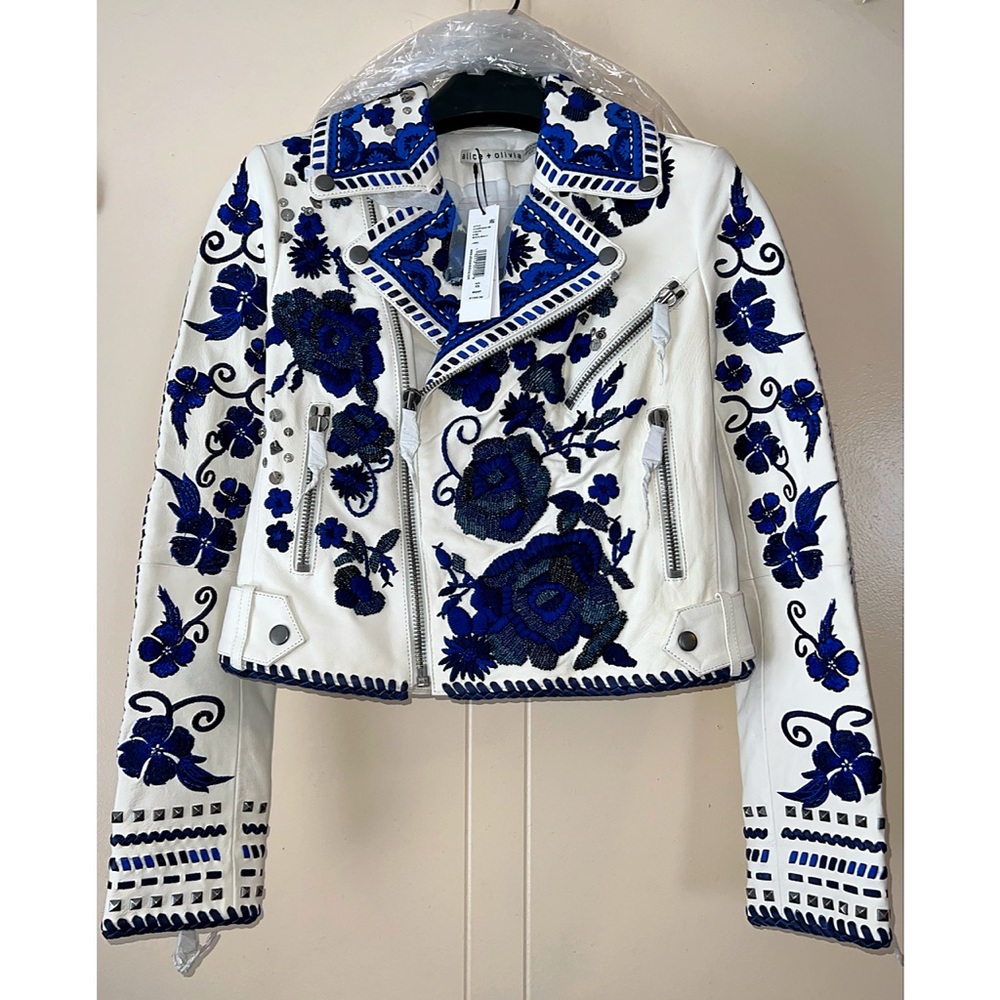 Alice + Olivia Cody Embroidered Floral Studded Embellished Leather Moto Jacket - Picture 10 of 17